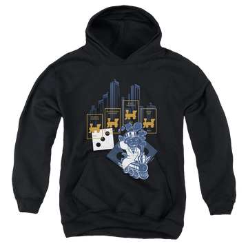Black youth hoodie for ages 8 to 12 with Monopoly The True Railroad Tycoon No Logo graphic