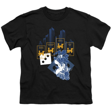 Black youth t-shirt for ages 8 to 12 with Monopoly The True Railroad Tycoon No Logo graphic