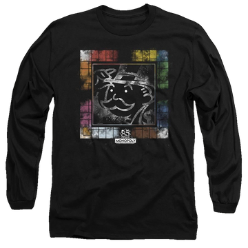 Black men's long sleeve t-shirt with Monopoly Dusty Game Board graphic