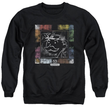 Black men's crewneck sweatshirt with Monopoly Dusty Game Board graphic
