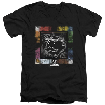 Black men's v-neck t-shirt with Monopoly Dusty Game Board graphic