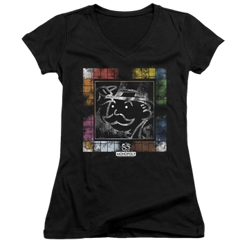 Black juniors v-neck t-shirt with Monopoly Dusty Game Board graphic