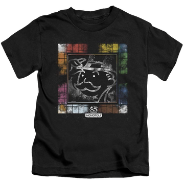 Black kid's t-shirt for ages 4 to 7 with Monopoly Dusty Game Board graphic