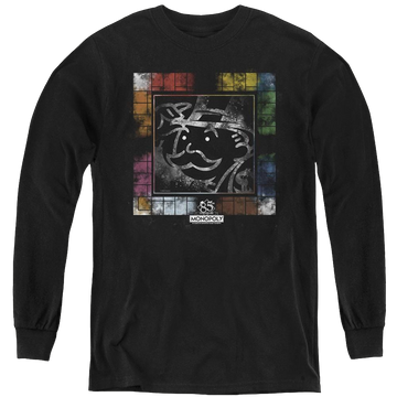 Black youth long sleeve t-shirt with Monopoly Dusty Game Board graphic