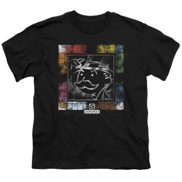 Black youth t-shirt for ages 8 to 12 with Monopoly Dusty Game Board graphic