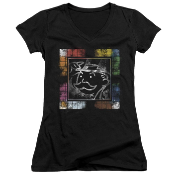 Black juniors v-neck t-shirt with Monopoly Dusty Game Board No Logo graphic
