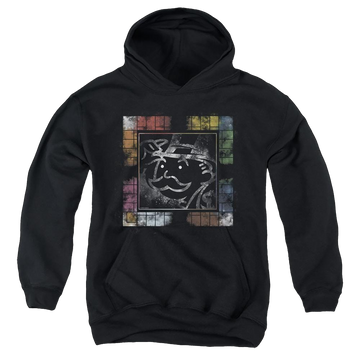 Black youth hoodie for ages 8 to 12 with Monopoly Dusty Game Board No Logo graphic