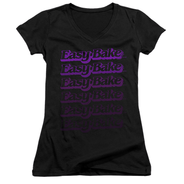 Black juniors v-neck t-shirt with Easy Bake Oven Faded graphic