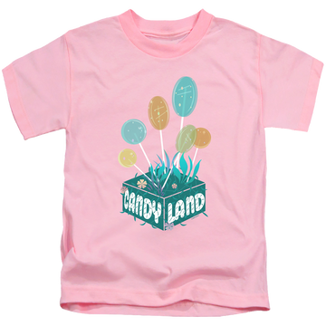 Pink kid's t-shirt for ages 4 to 7 with Candy Land Lollipop Block graphic