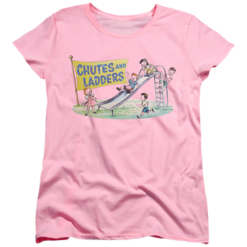 Pink women's t-shirt with Chutes and Ladders Old School graphic