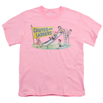 Pink youth t-shirt for ages 8 to 12 with Chutes and Ladders Old School graphic