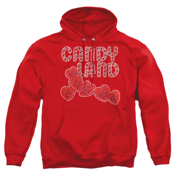 Red pullover hoodie with Candy Land I Love You graphic