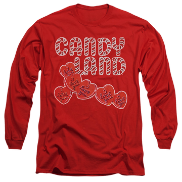 Red men's long sleeve t-shirt with Candy Land I Love You graphic