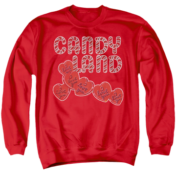 Red men's crewneck sweatshirt with Candy Land I Love You graphic