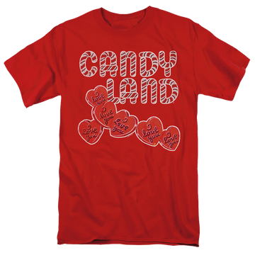 Red men's regular fit t-shirt with Candy Land I Love You graphic