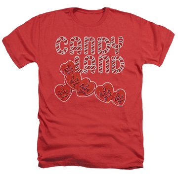 Red men's heather t-shirt with Candy Land I Love You graphic