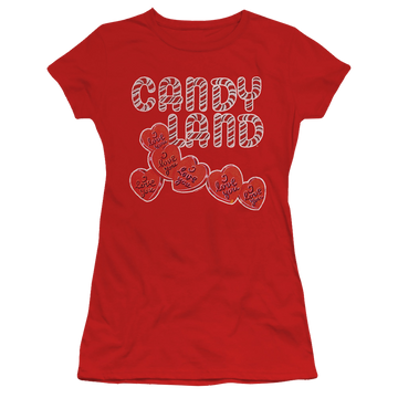Red juniors t-shirt with Candy Land I Love You graphic