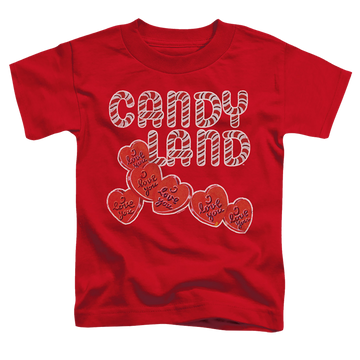 Red kid's t-shirt for ages 4 to 7 with Candy Land I Love You graphic
