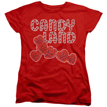 Red women's t-shirt with Candy Land I Love You graphic