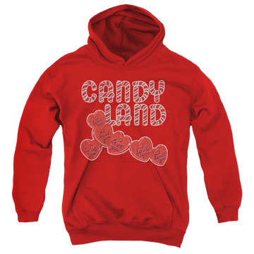 Red youth hoodie for ages 8 to 12 with Candy Land I Love You graphic