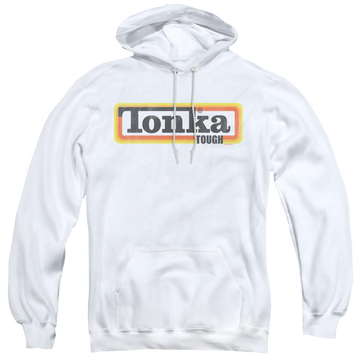 White pullover hoodie with Hasbro Tonka Boxed Sign graphic