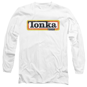 White men's long sleeve t-shirt with Hasbro Tonka Boxed Sign graphic