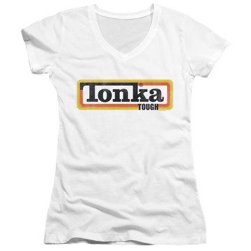 White juniors v-neck t-shirt with Hasbro Tonka Boxed Sign graphic