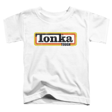 White toddler t-shirt with Hasbro Tonka Boxed Sign graphic