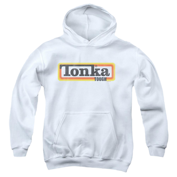 White youth hoodie for ages 8 to 12 with Hasbro Tonka Boxed Sign graphic