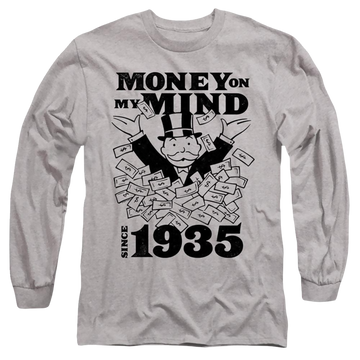 Athletic heather men's long sleeve t-shirt with Monopoly Money Mind Since 35 graphic