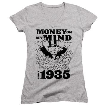 Athletic heather juniors v-neck t-shirt with Monopoly Money On My Mind Since 1935 graphic