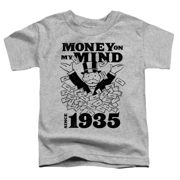 Athletic heather toddler t-shirt with Monopoly Money On My Mind Since 1935 graphic