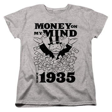 Athletic heather women's t-shirt with Monopoly Money On My Mind Since 1935 graphic
