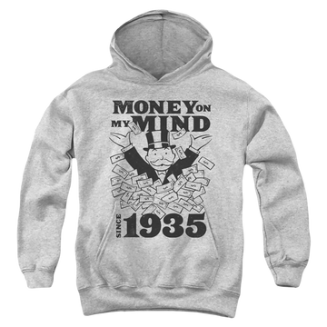 Athletic heather youth hoodie for ages 8 to 12 with Monopoly Money On My Mind Since 1935 graphic