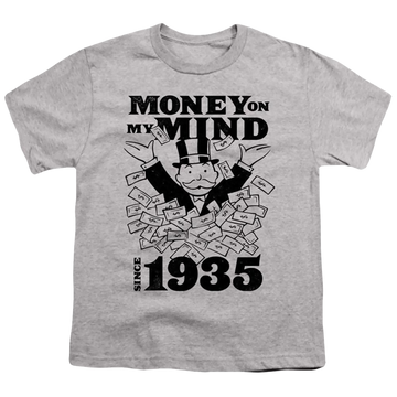 Athletic heather youth t-shirt for ages 8 to 12 with Monopoly Money On My Mind Since 1935 graphic