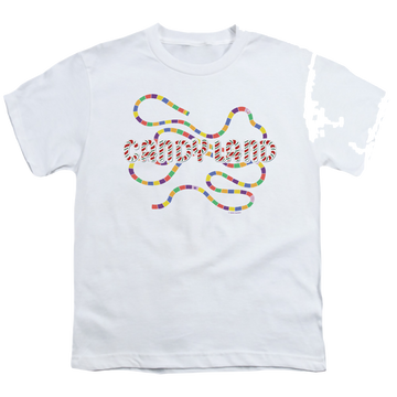 White youth t-shirt for ages 8 to 12 with Candy Land Board graphic