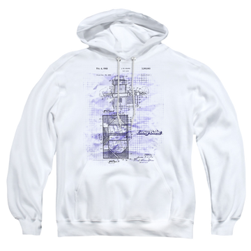 White pullover hoodie with Easy Bake Oven Patent graphic