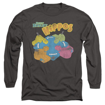 Charcoal men's long sleeve t-shirt with Hungry Hungry Hippos Ready To Play graphic