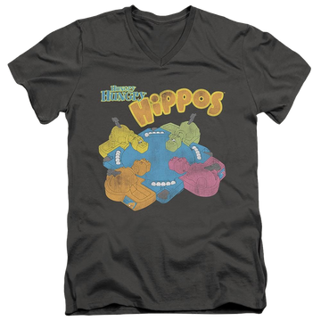 Charcoal men's v-neck t-shirt with Hungry Hungry Hippos Ready To Play graphic