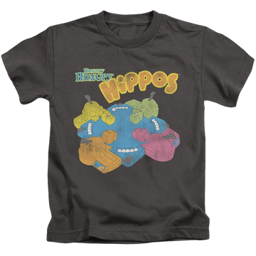 Charcoal kid's t-shirt for ages 4 to 7 with Hungry Hungry Hippos Ready To Play graphic