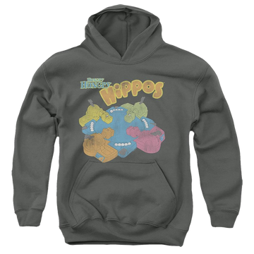 Charcoal youth hoodie for ages 8 to 12 with Hungry Hungry Hippos Ready To Play graphic