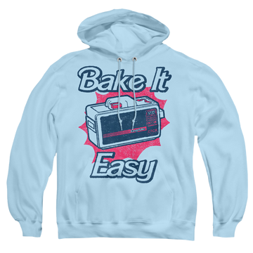 Light blue pullover hoodie with Easy Bake Oven Bake It Easy graphic