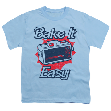 Light blue youth t-shirt for ages 8 to 12 with Easy Bake Oven Bake It Easy graphic