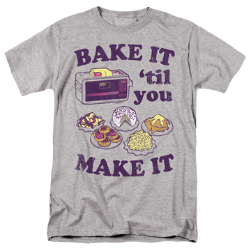 Athletic heather men's regular fit t-shirt with Easy Bake Oven Bake It Til You Make It graphic