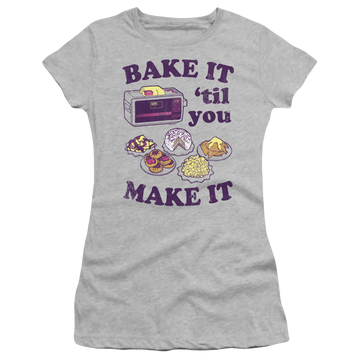 Athletic heather juniors t-shirt with Easy Bake Oven It Til You Make It graphic