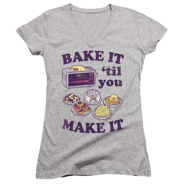 Athletic heather juniors v-neck t-shirt with Easy Bake Oven It Til You Make It graphic