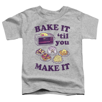 Athletic heather toddler t-shirt with Easy Bake Oven Bake It Til You Make It graphic