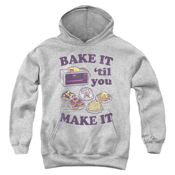 Athletic heather youth hoodie for ages 8 to 12 with Easy Bake Oven Bake It Til You Make It graphic