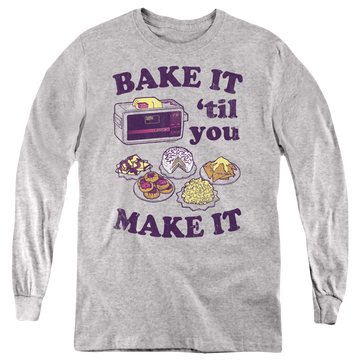 Athletic heather youth long sleeve t-shirt with Easy Bake Oven Bake It Til You Make It graphic