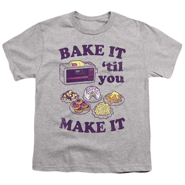 Athletic heather youth t-shirt for ages 8 to 12 with Easy Bake Oven Bake It Til You Make It graphic